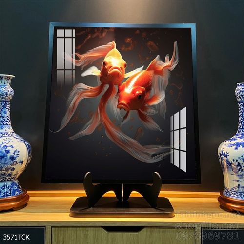 Mẫu tranh decor tường cá chép hoa sen 