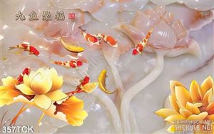 Tranh hoa sen, cá chép kim tiền thư pháp