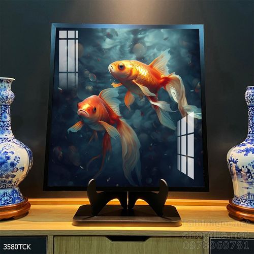 Mẫu tranh decor tường cá chép hoa sen 