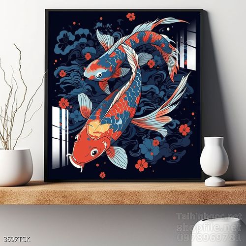 Mẫu tranh decor tường cá chép hoa sen 