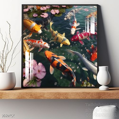 Mẫu tranh decor tường cá chép hoa sen 