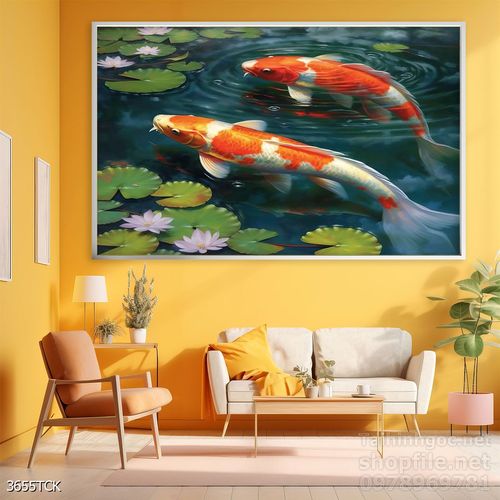 Tranh decor tường phòng khách cá chép hoa sen