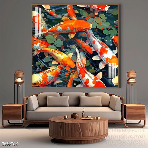 Mẫu tranh decor tường cá chép hoa sen 