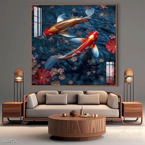 Tranh decor tường phòng khách cá chép hoa sen