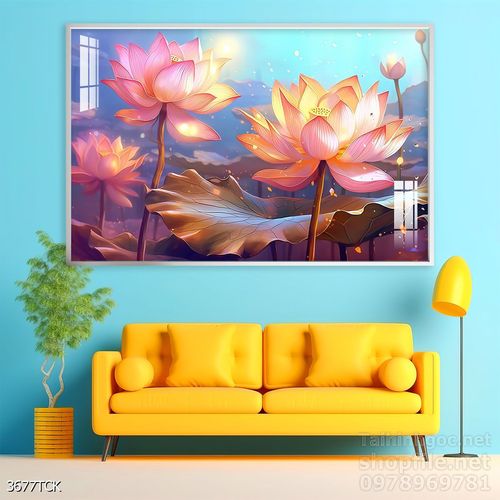 Mẫu tranh decor tường cá chép hoa sen 
