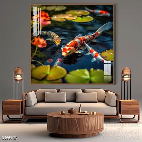 Mẫu tranh decor tường cá chép hoa sen 