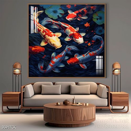 Tranh decor tường phòng khách cá chép hoa sen
