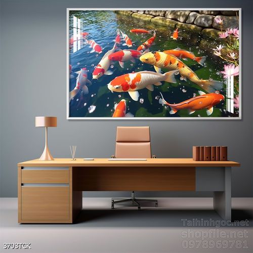 Mẫu tranh decor tường cá chép hoa sen 