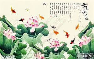 Tranh hoa sen, cá chép thư pháp treo tường