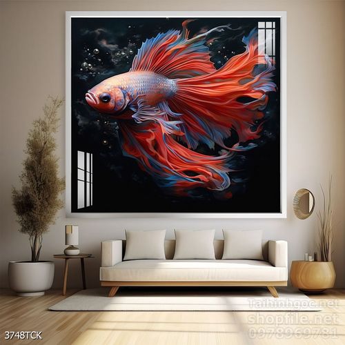 Mẫu tranh decor tường cá chép hoa sen 