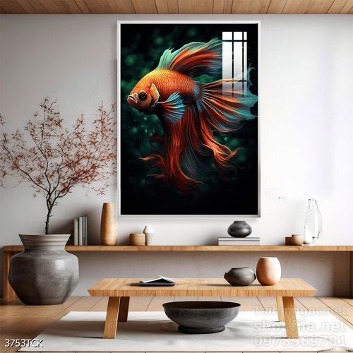 Tranh decor tường phòng khách cá chép hoa sen