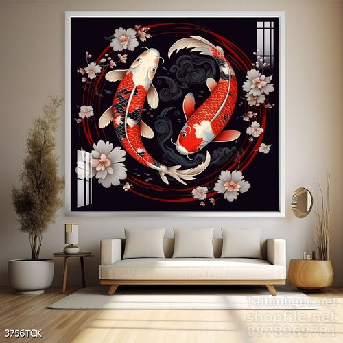 Mẫu tranh decor tường cá chép hoa sen 