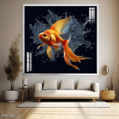 Tranh decor tường phòng khách cá chép hoa sen