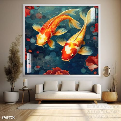 Mẫu tranh decor tường cá chép hoa sen 