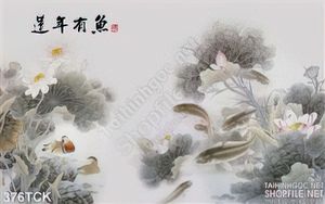 Tranh hoa sen, cá chép thư pháp