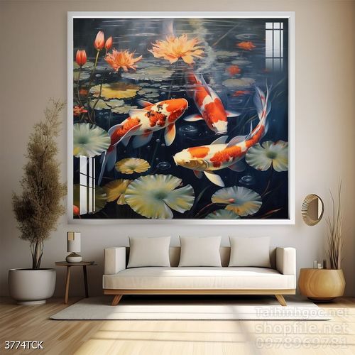 Mẫu tranh decor tường cá chép hoa sen 