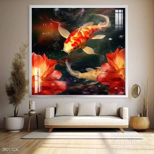 Mẫu tranh decor tường cá chép hoa sen 