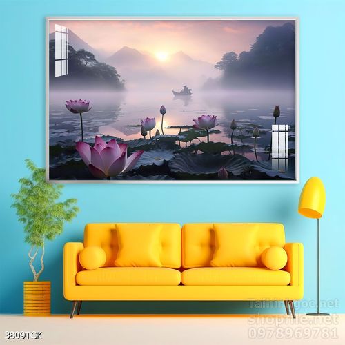 Mẫu tranh decor tường cá chép hoa sen 