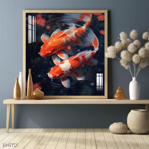 Mẫu tranh decor tường cá chép hoa sen 
