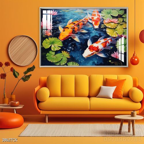 Mẫu tranh decor tường cá chép hoa sen 