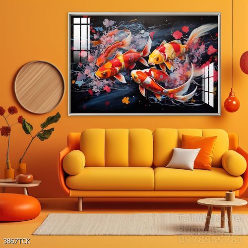 Tranh decor tường phòng khách cá chép hoa sen