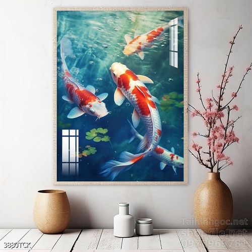 Mẫu tranh decor tường cá chép hoa sen 