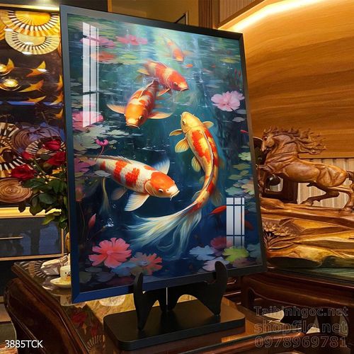 Tranh decor tường phòng khách cá chép hoa sen