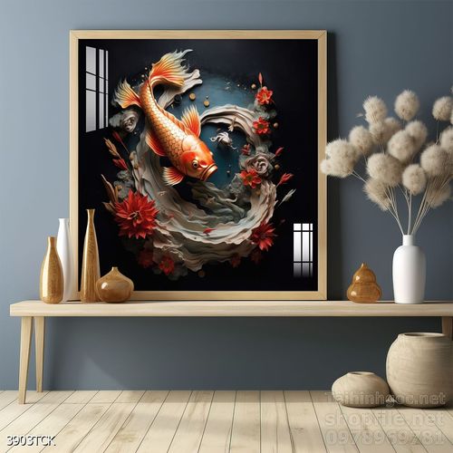 Tranh decor tường phòng khách cá chép hoa sen