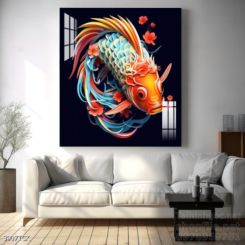 Mẫu tranh decor tường cá chép hoa sen 