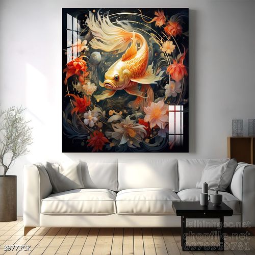 Mẫu tranh decor tường cá chép hoa sen 