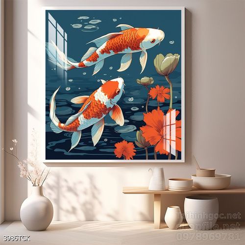 Mẫu tranh decor tường cá chép hoa sen 