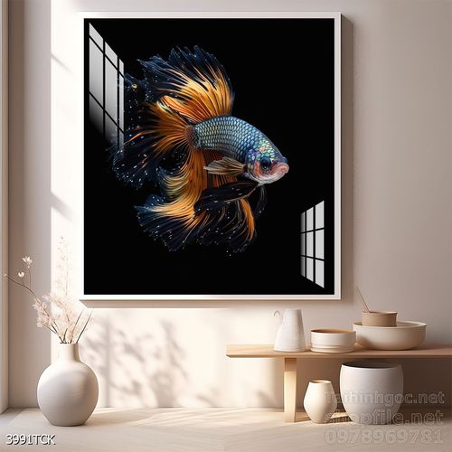Tranh decor tường phòng khách cá chép hoa sen