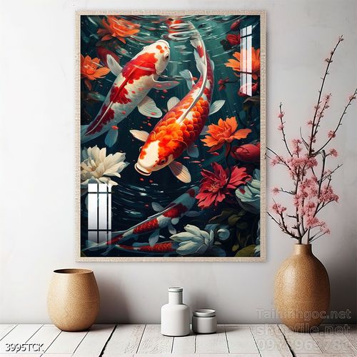Mẫu tranh decor tường cá chép hoa sen 