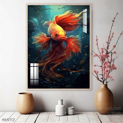 Tranh decor tường phòng khách cá chép hoa sen