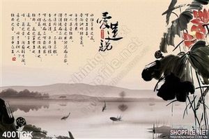 Tranh hoa sen, cá chép thư pháp