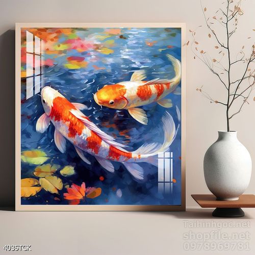 Tranh decor tường phòng khách cá chép hoa sen