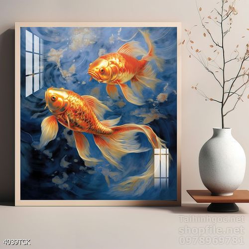 Mẫu tranh decor tường cá chép hoa sen 