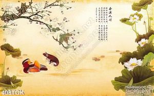 Tranh hoa sen, cá chép thư pháp trang trí