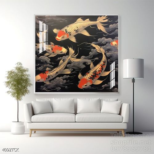 Mẫu tranh decor tường cá chép hoa sen 
