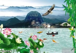 Tranh hoa sen, cá chép và phong cảnh