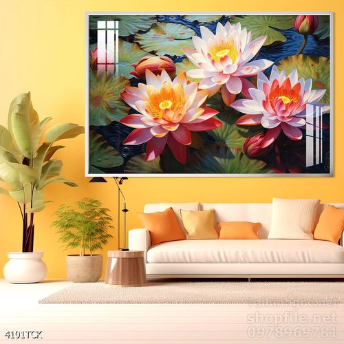 Mẫu tranh decor tường cá chép hoa sen 