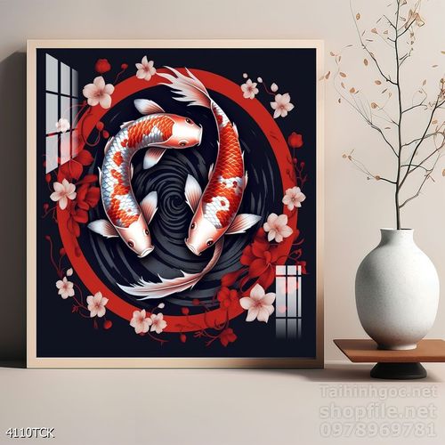 Mẫu tranh decor tường cá chép hoa sen 