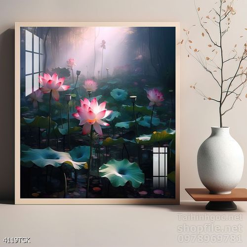 Mẫu tranh decor tường cá chép hoa sen 