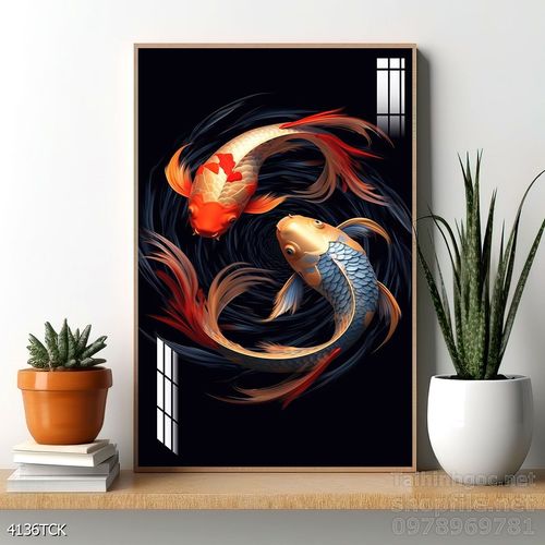 Mẫu tranh decor tường cá chép hoa sen 