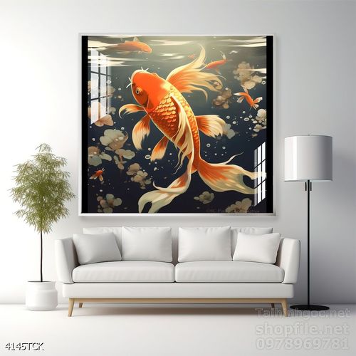 Mẫu tranh decor tường cá chép hoa sen 