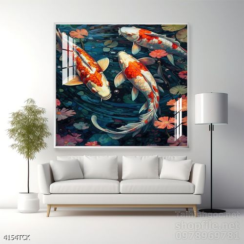 Mẫu tranh decor tường cá chép hoa sen 