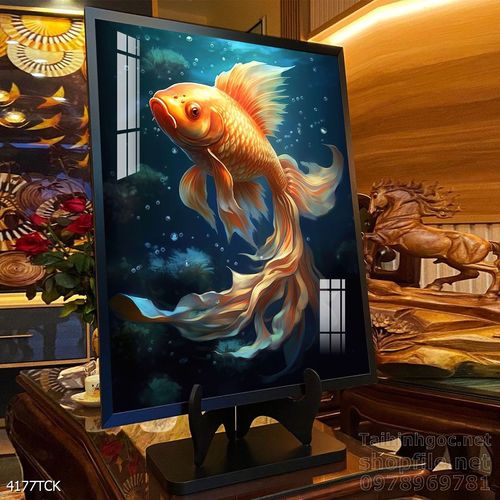 Tranh decor tường phòng khách cá chép hoa sen