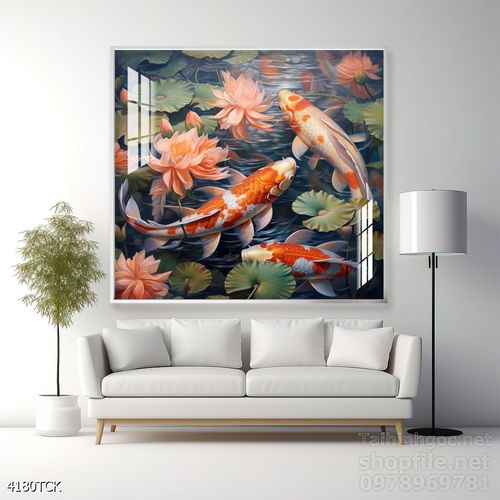 Mẫu tranh decor tường cá chép hoa sen 