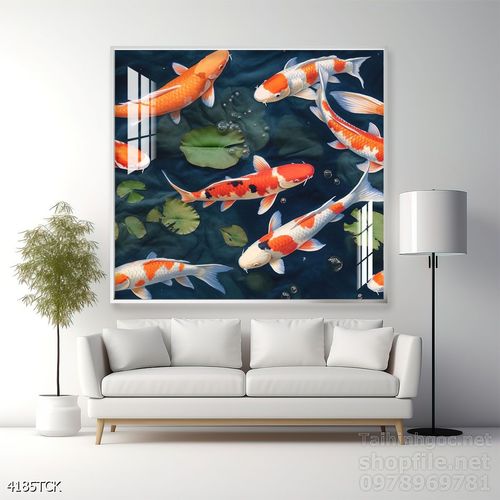 Tranh decor tường phòng khách cá chép hoa sen