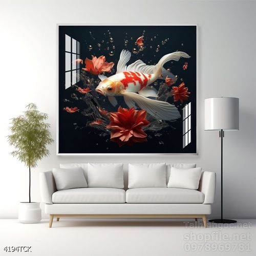 Tranh decor tường phòng khách cá chép hoa sen